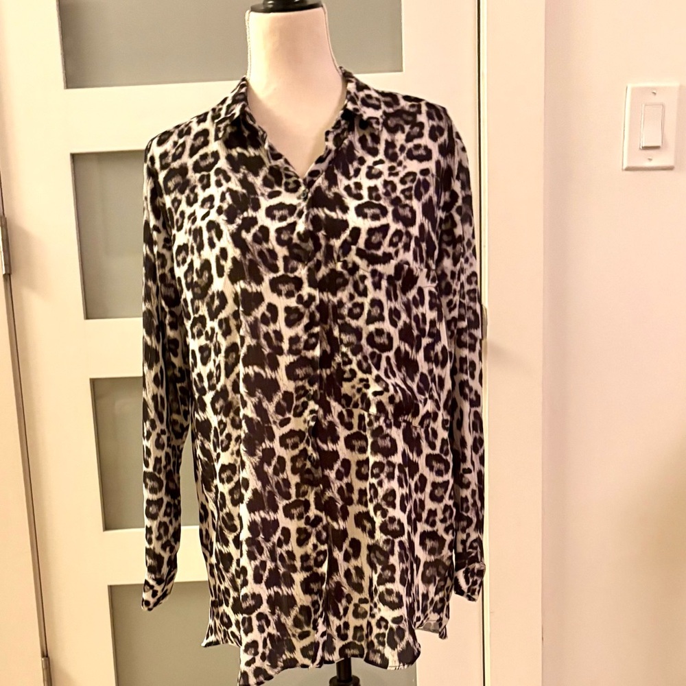 Zara Black and White Animal Print Button Down Shirt